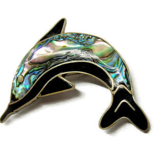 Dolphin Brooch Inlay Black Onyx Abalone Shell Alpaca Mexico Silver Vintage Pin